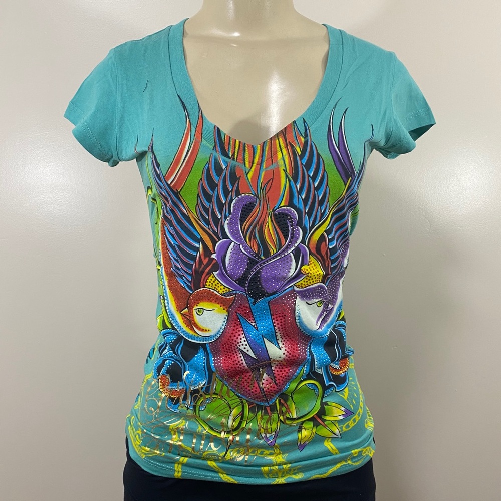 Christian Audigier Women Fire Birds Teal Shirt